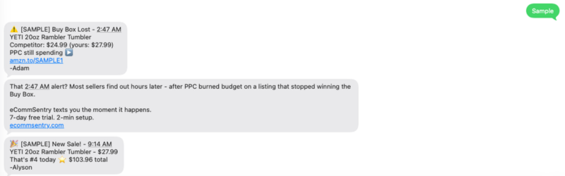 eCommSentry sample Buy Box alert SMS